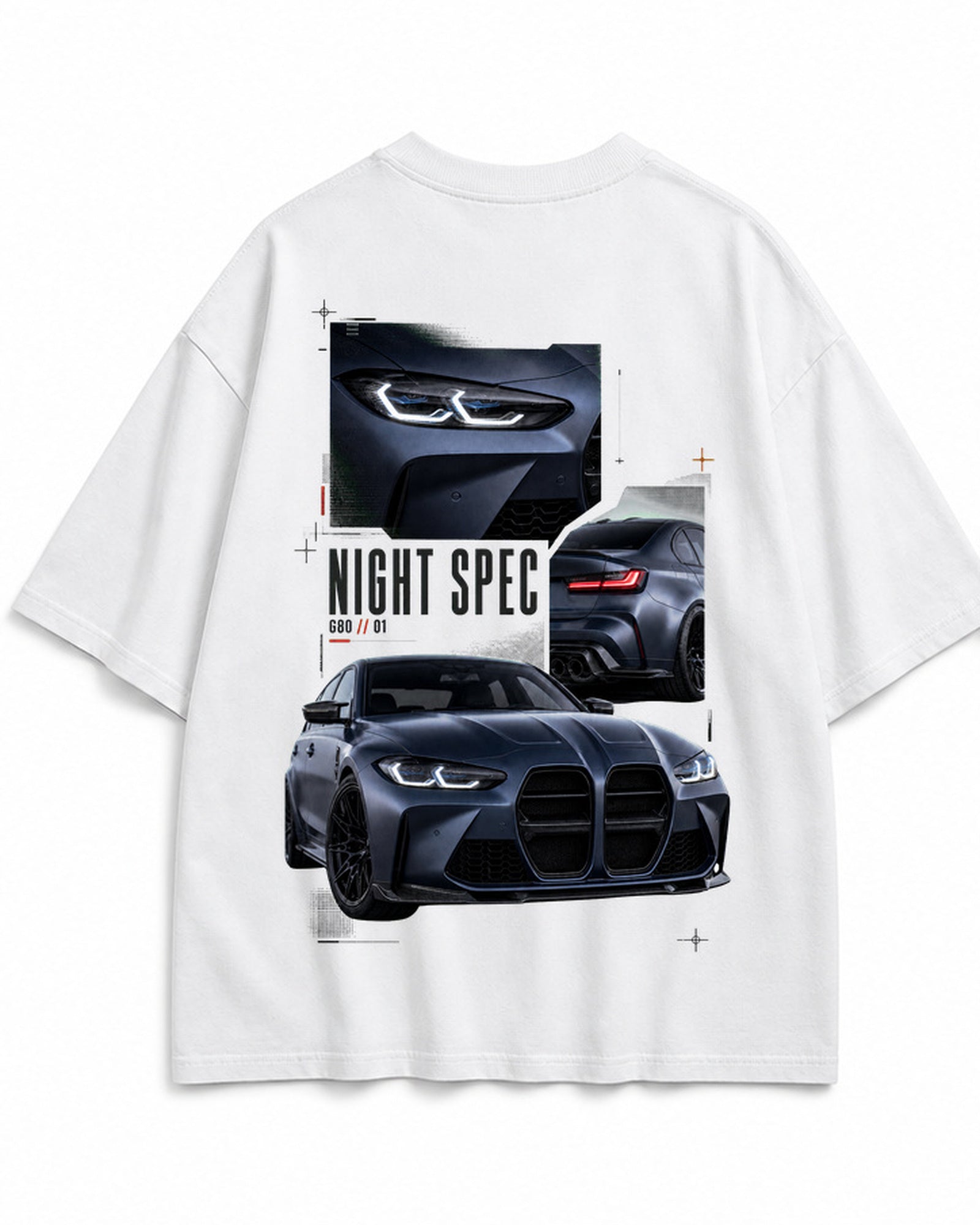 Night Spec G80 — biała koszulka oversize, widok nadruku na plecach