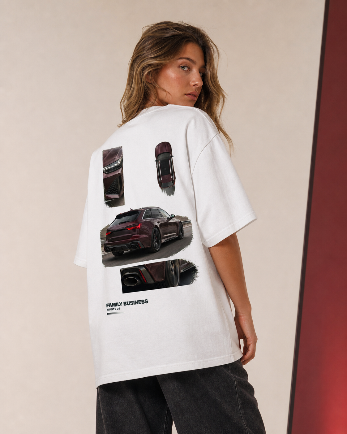 Family Business Avant — koszulka oversize na modelce, nadruk na plecach