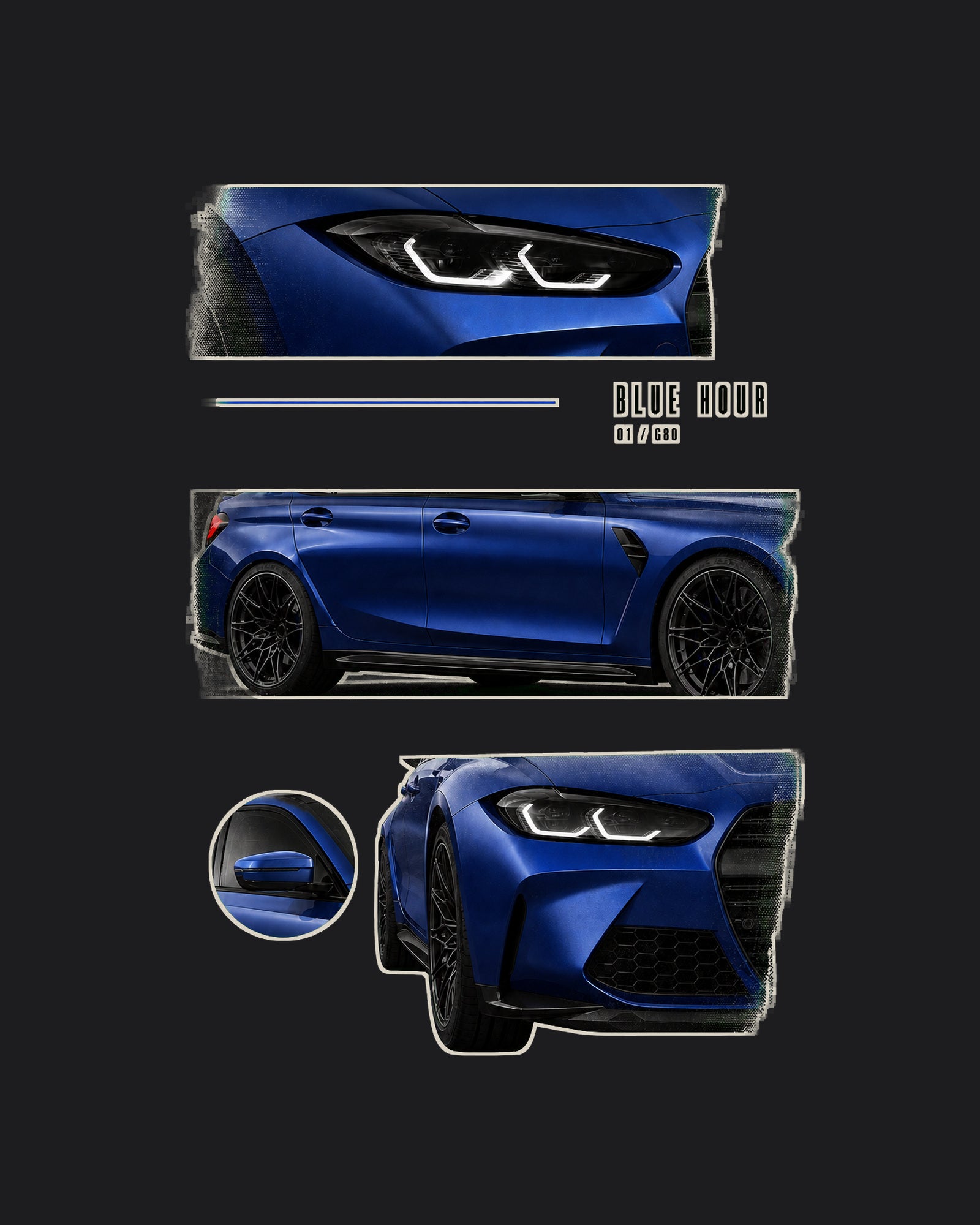 Blue Hour G80 — Koszulka Oversize — podgląd nadruku na czarnej koszulce