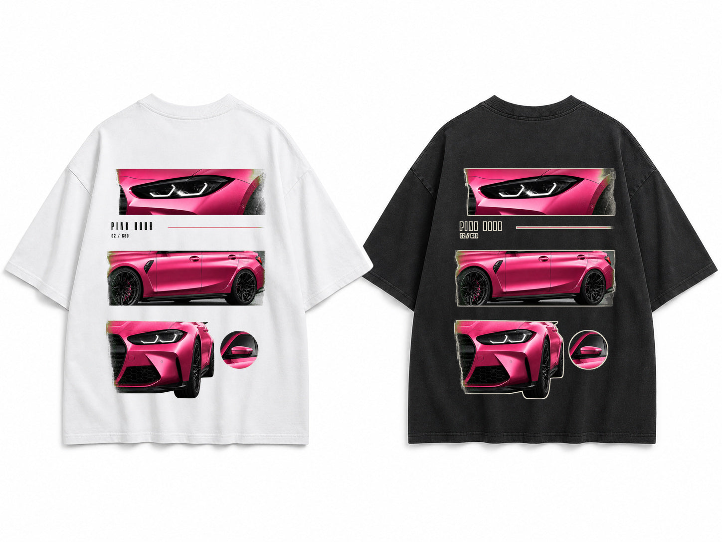 Pink Hour G80 — Koszulka Oversize — biała i czarna koszulka oversize, nadruk na plecach