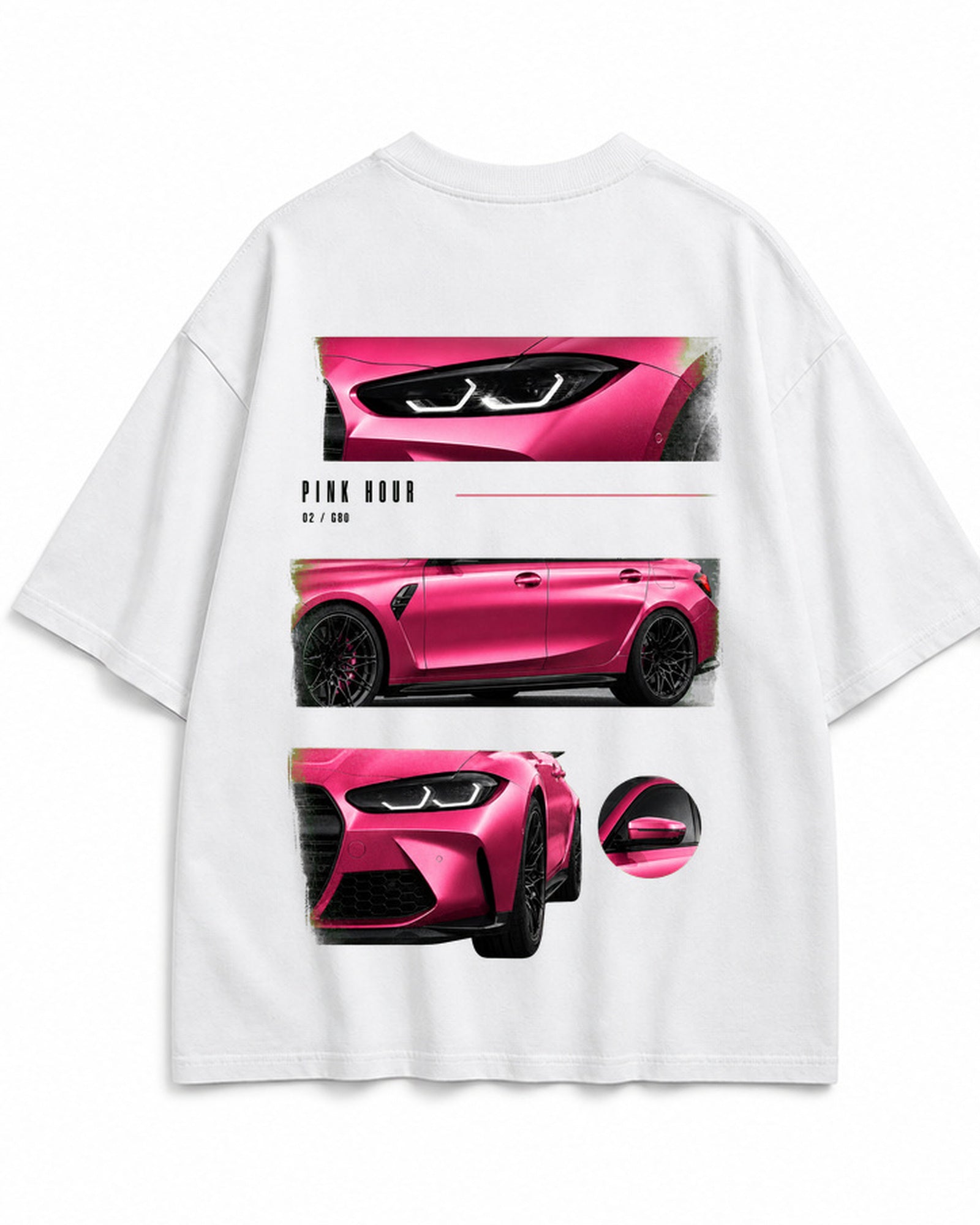Pink Hour G80 — biała koszulka oversize, widok nadruku na plecach