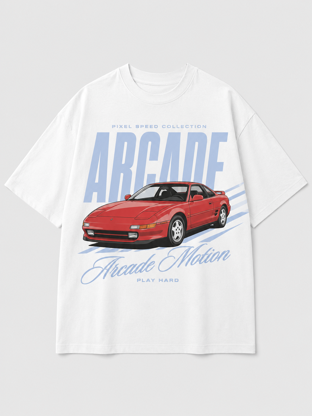 White T-shirt automotive graphic: Arcade Motion