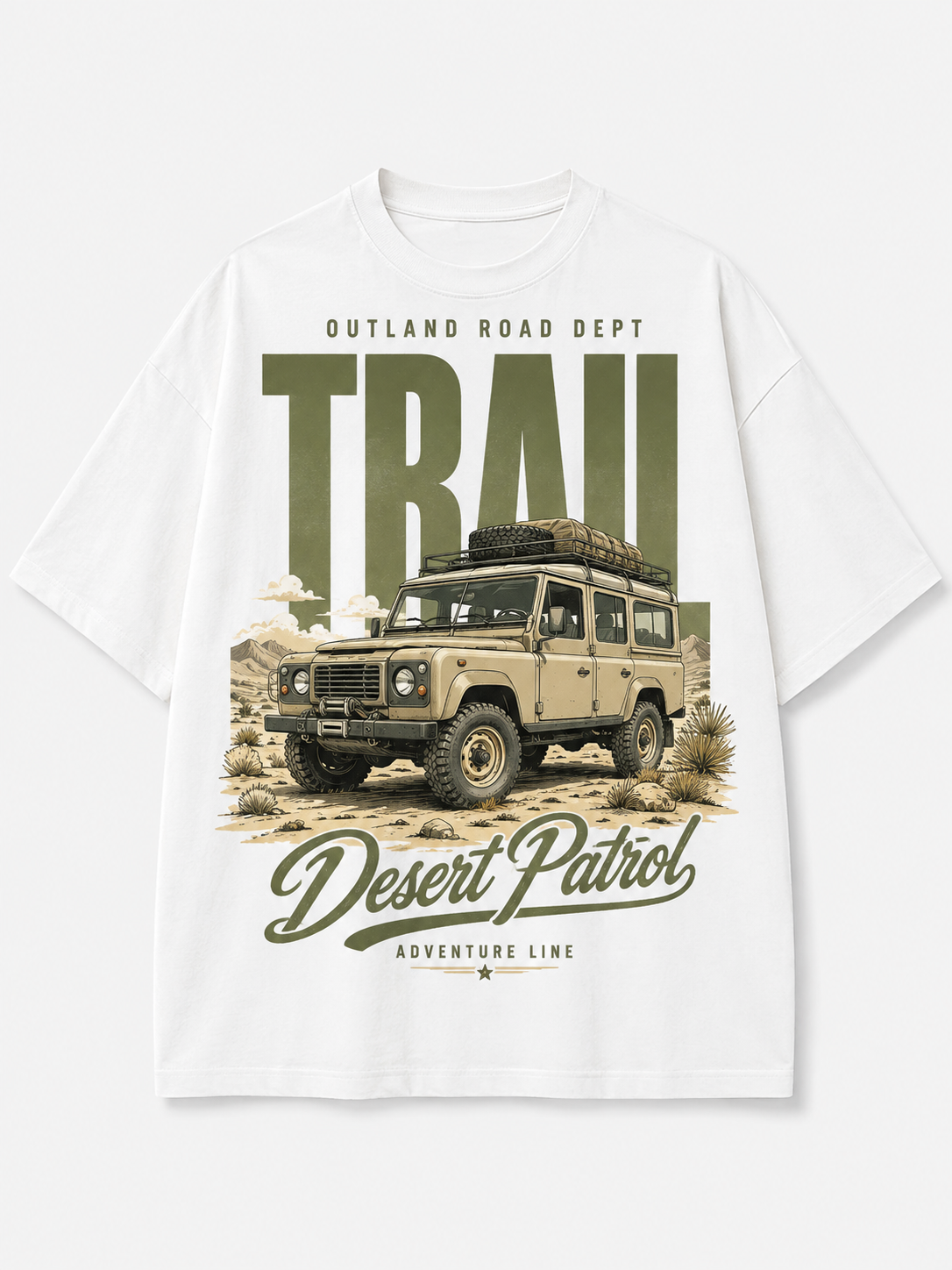 White T-shirt automotive graphic: Desert Patrol — Trail