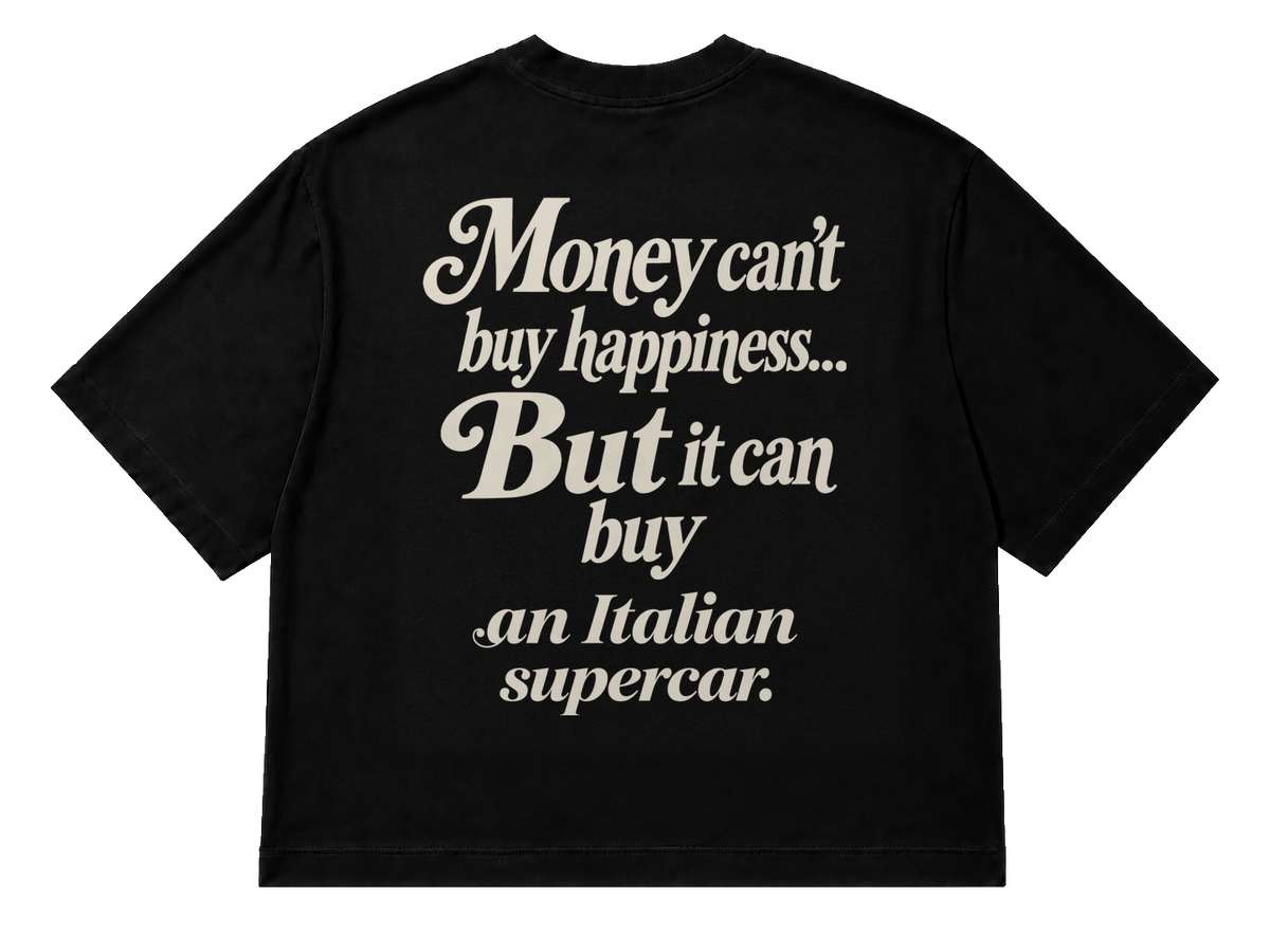 Koszulka oversize Italian Supercar – Money Can't Buy Happiness – czarna koszulka, mockup