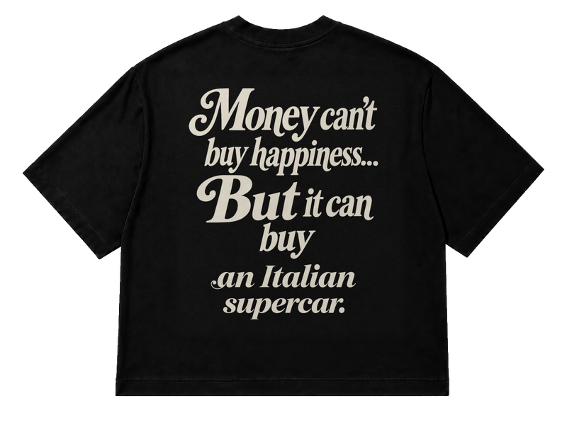 Koszulka oversize Italian Supercar – Money Can't Buy Happiness – czarna koszulka, mockup