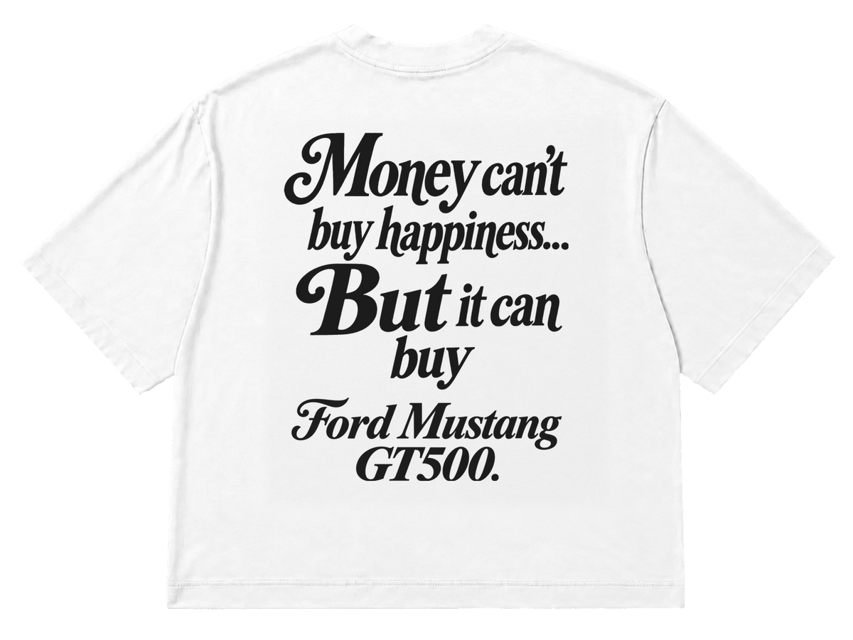 Koszulka oversize Ford Mustang GT500 – Money Can't Buy Happiness – biała koszulka, mockup