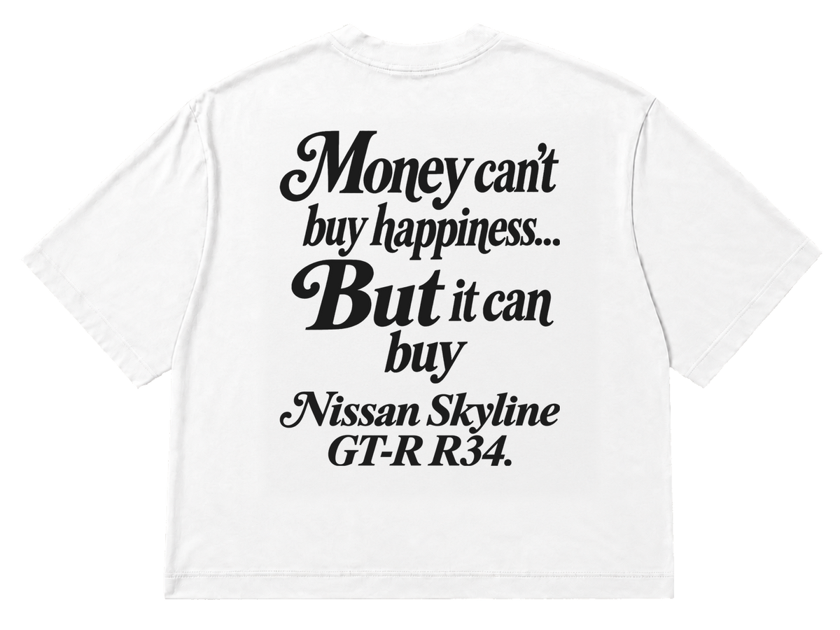 Koszulka oversize Nissan Skyline GT-R R34 – Money Can't Buy Happiness – biała koszulka, mockup