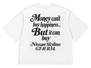 Koszulka oversize Nissan Skyline GT-R R34 – Money Can't Buy Happiness – biała koszulka, mockup