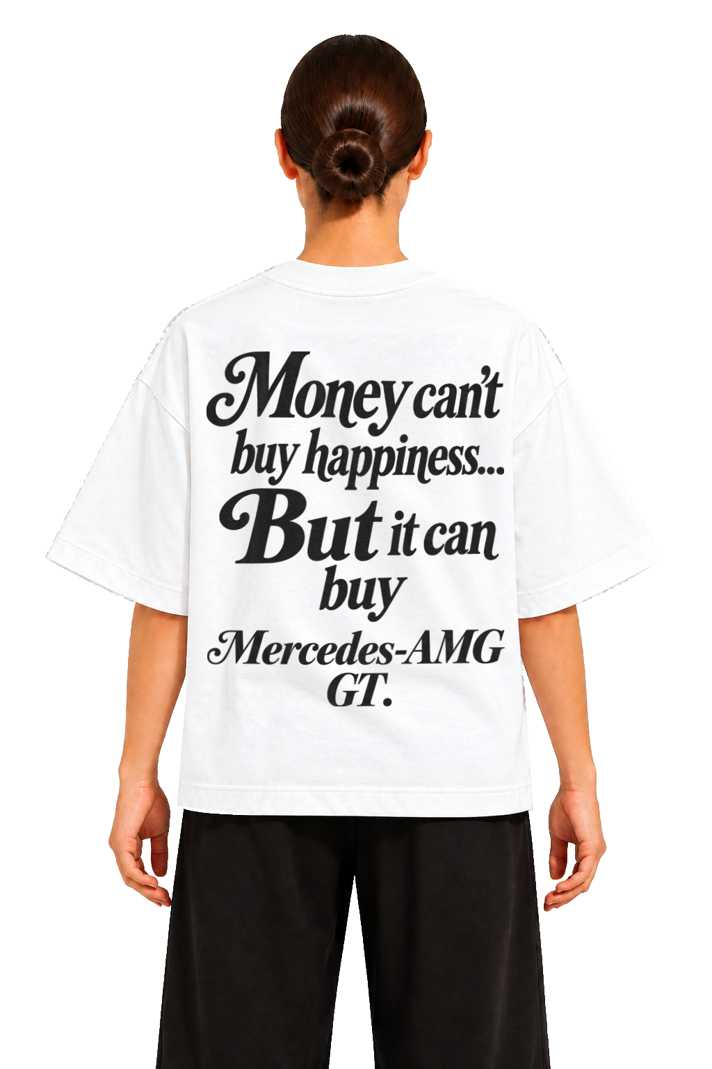 Koszulka oversize Mercedes-AMG GT – Money Can't Buy Happiness – biała koszulka, model