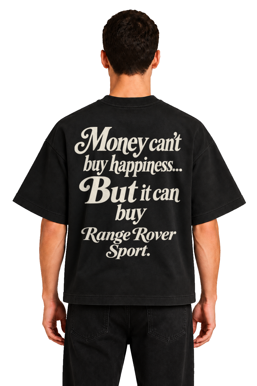 Koszulka oversize Range Rover Sport – Money Can't Buy Happiness – czarna koszulka, model