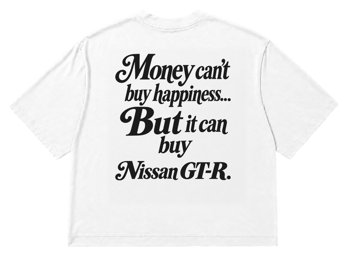 Koszulka oversize Nissan GT-R – Money Can't Buy Happiness – biała koszulka, mockup