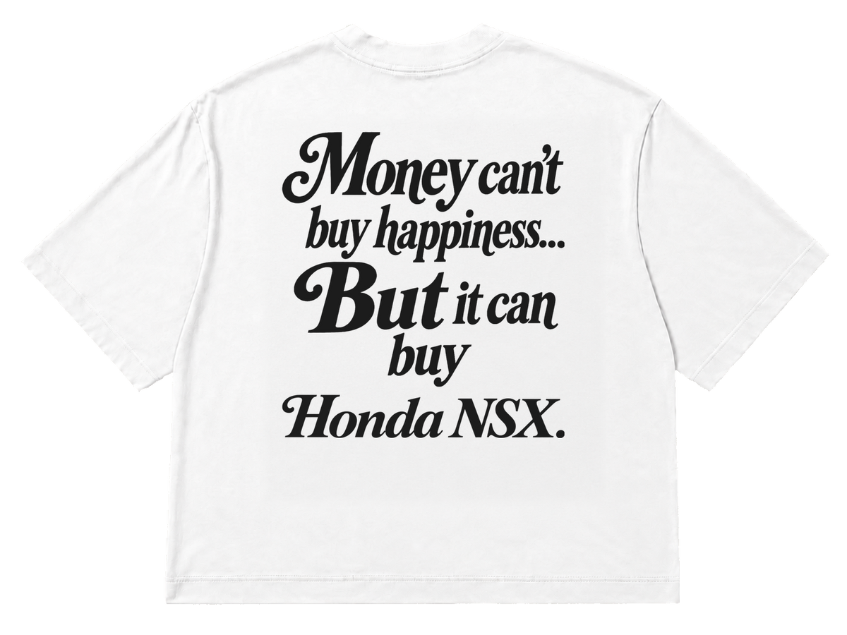 Koszulka oversize Honda NSX – Money Can't Buy Happiness – biała koszulka, mockup