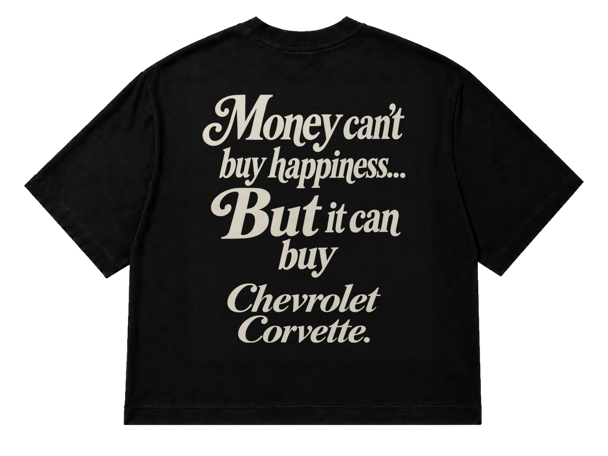 Koszulka oversize Chevrolet Corvette – Money Can't Buy Happiness – czarna koszulka, mockup