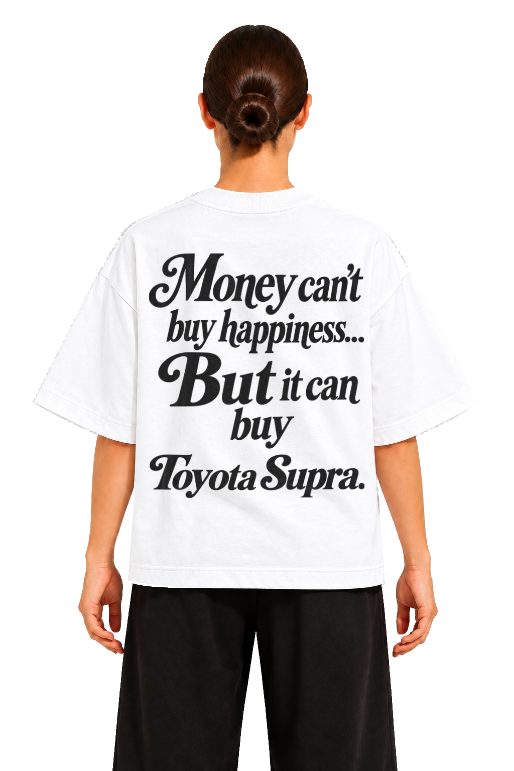 Koszulka oversize Toyota Supra – Money Can't Buy Happiness – biała koszulka, model