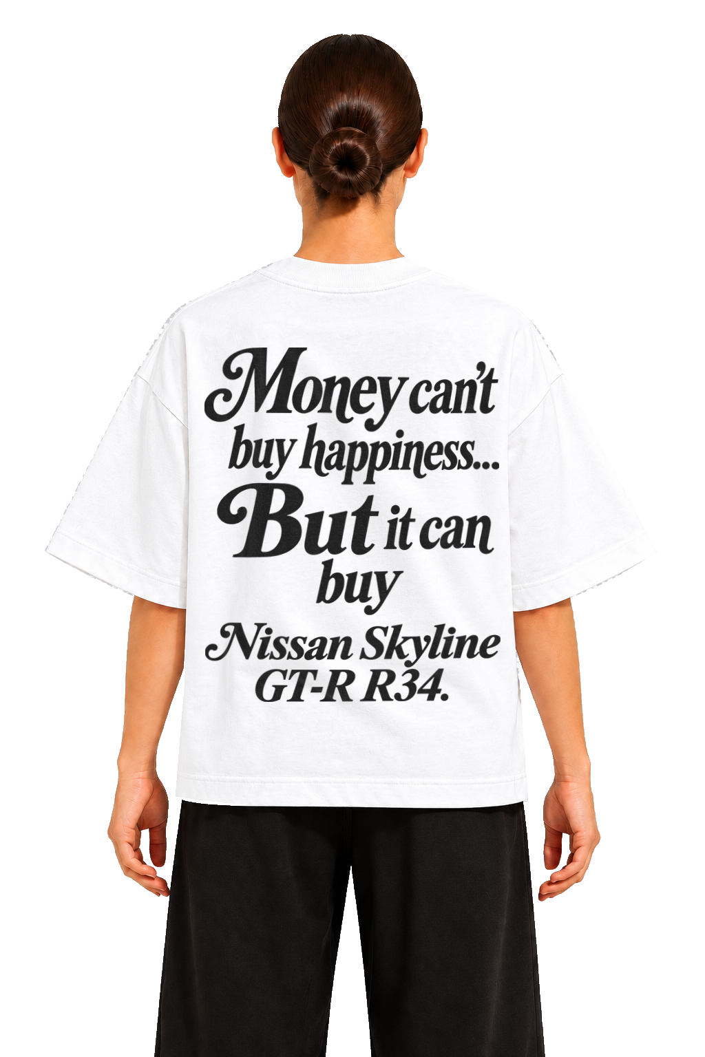 Koszulka oversize Nissan Skyline GT-R R34 – Money Can't Buy Happiness – biała koszulka, model