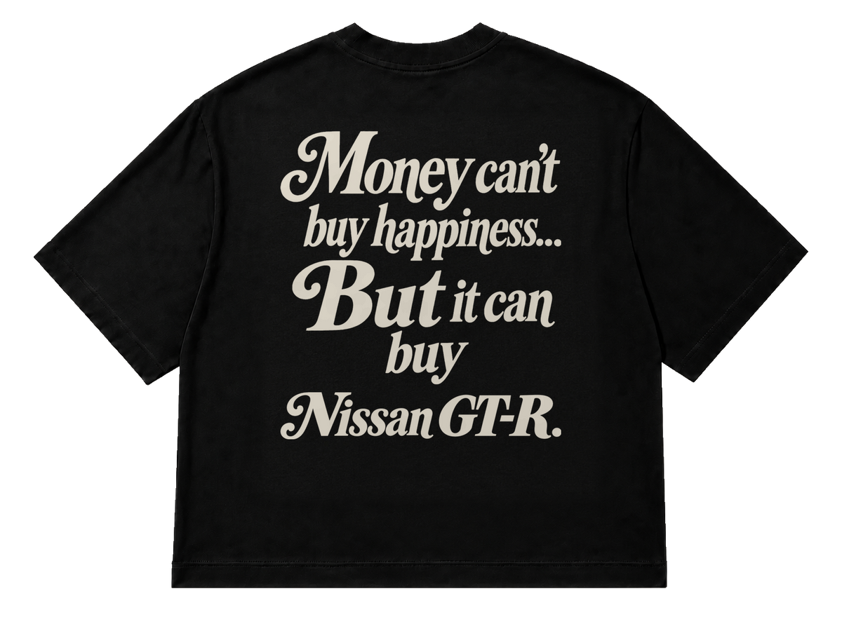 Koszulka oversize Nissan GT-R – Money Can't Buy Happiness – czarna koszulka, mockup