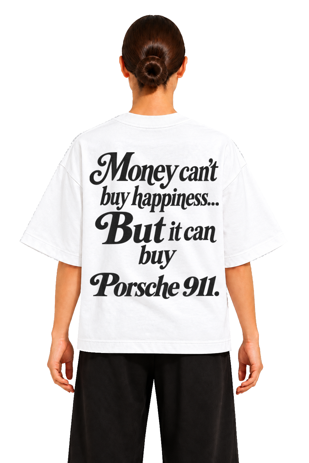 Koszulka oversize Porsche 911 – Money Can't Buy Happiness – biała koszulka, model