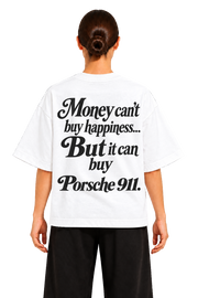 Koszulka oversize Porsche 911 – Money Can't Buy Happiness – biała koszulka, model