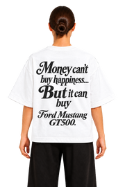 Koszulka oversize Ford Mustang GT500 – Money Can't Buy Happiness – biała koszulka, model