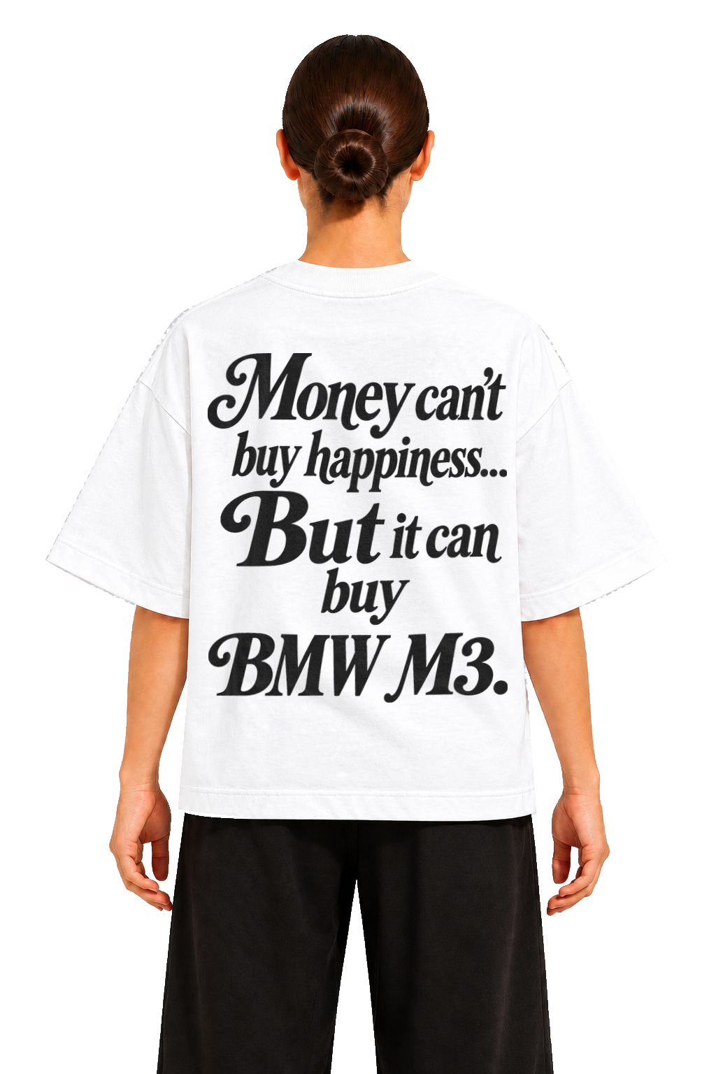 Koszulka oversize BMW M3 – Money Can't Buy Happiness – biała koszulka, model