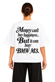 Koszulka oversize BMW M3 – Money Can't Buy Happiness – biała koszulka, model