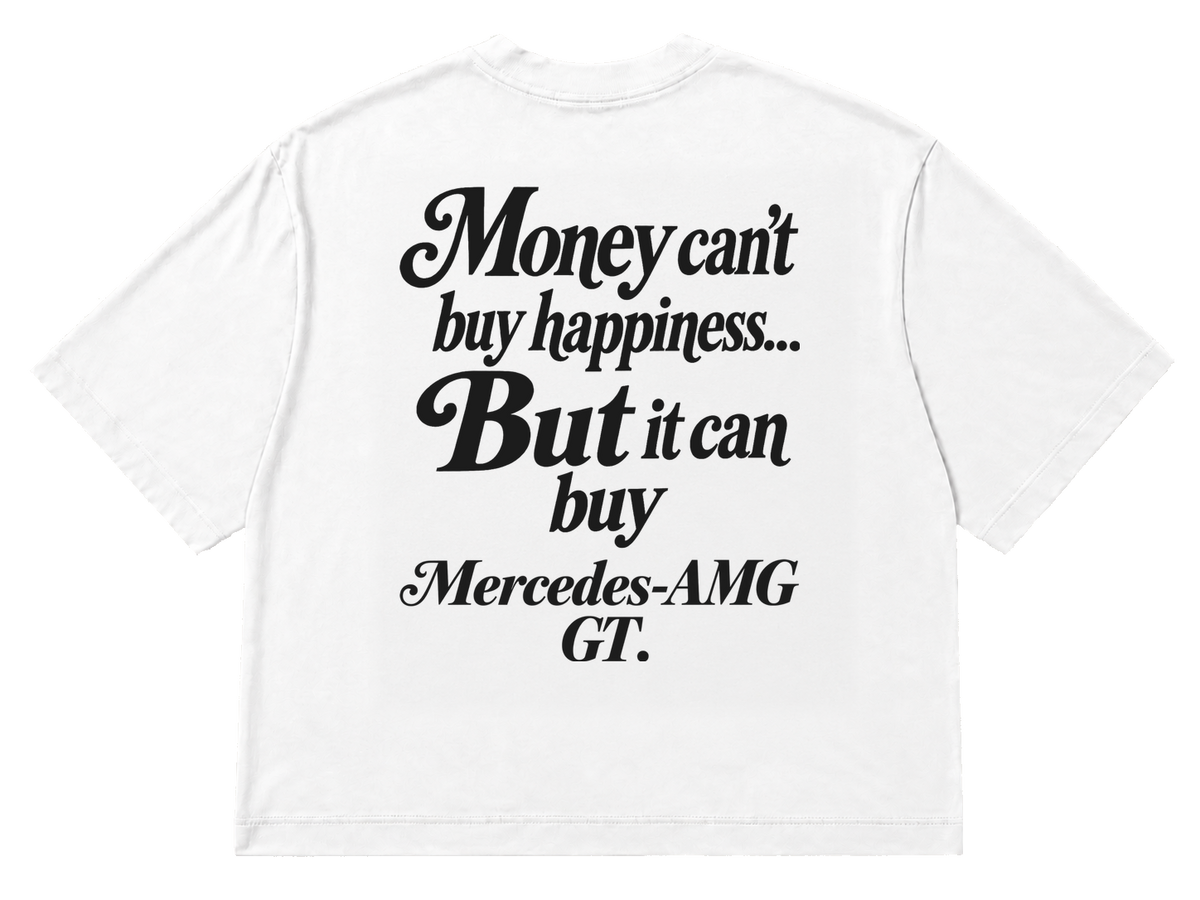 Koszulka oversize Mercedes-AMG GT – Money Can't Buy Happiness – biała koszulka, mockup
