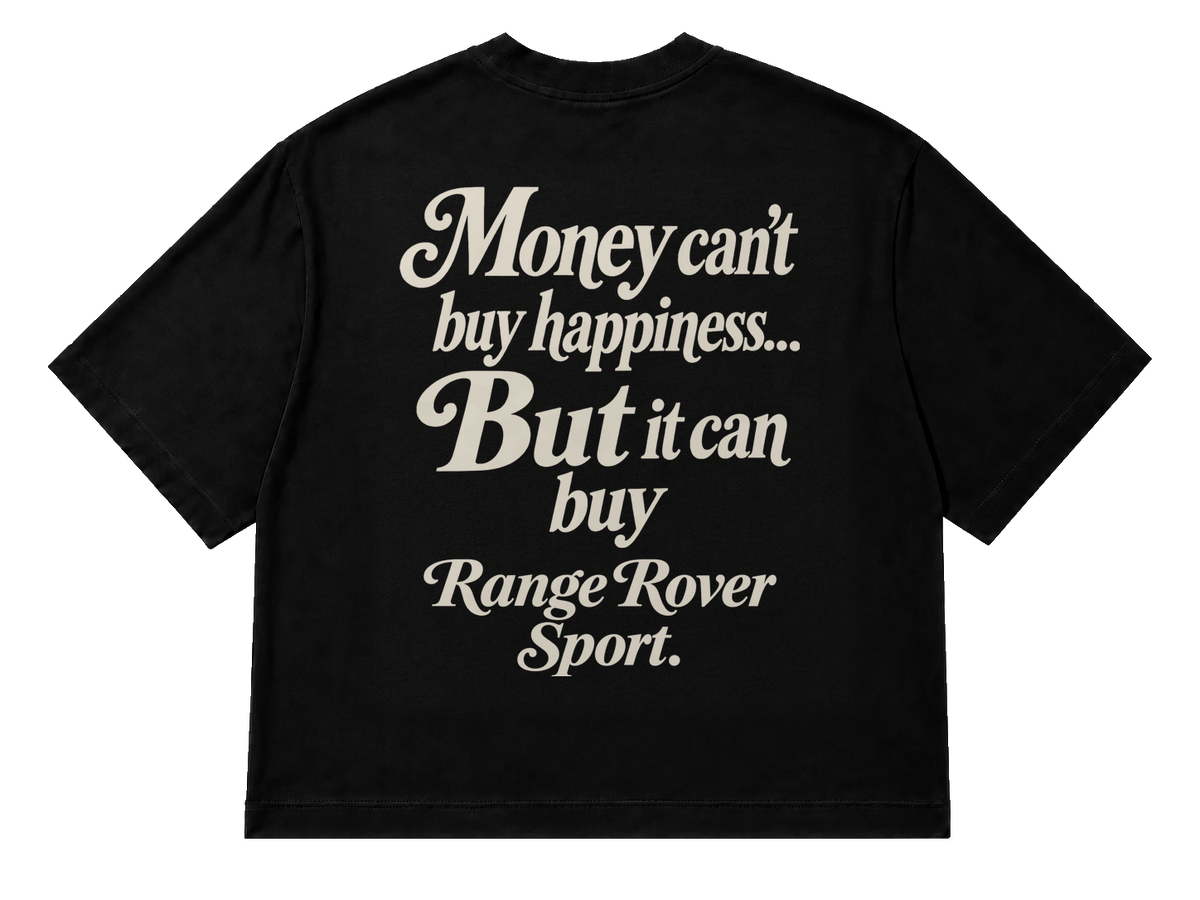 Koszulka oversize Range Rover Sport – Money Can't Buy Happiness – czarna koszulka, mockup