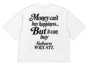Koszulka oversize Subaru WRX STI – Money Can't Buy Happiness – biała koszulka, mockup