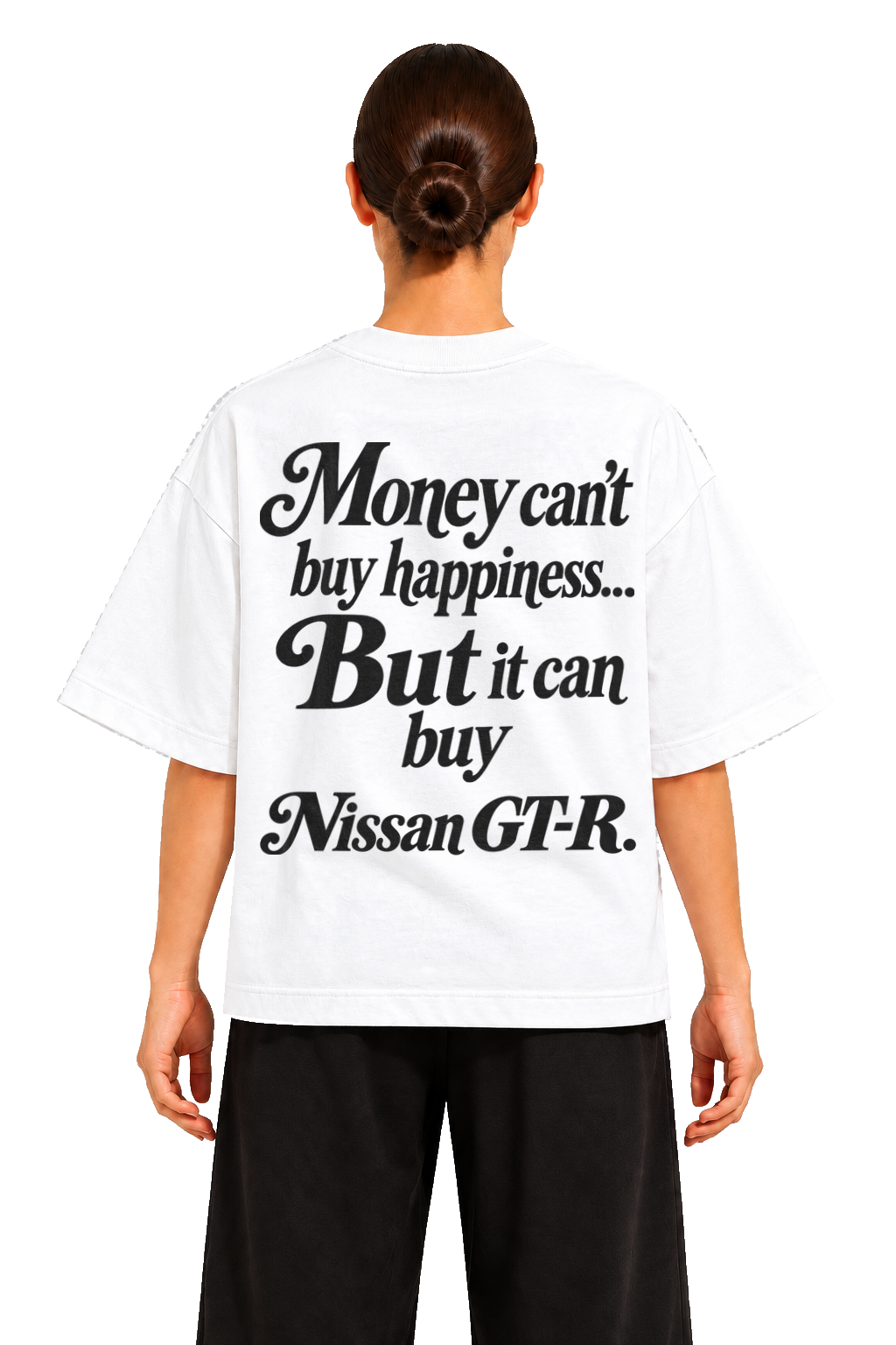 Koszulka oversize Nissan GT-R – Money Can't Buy Happiness – biała koszulka, model