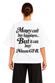Koszulka oversize Nissan GT-R – Money Can't Buy Happiness – biała koszulka, model