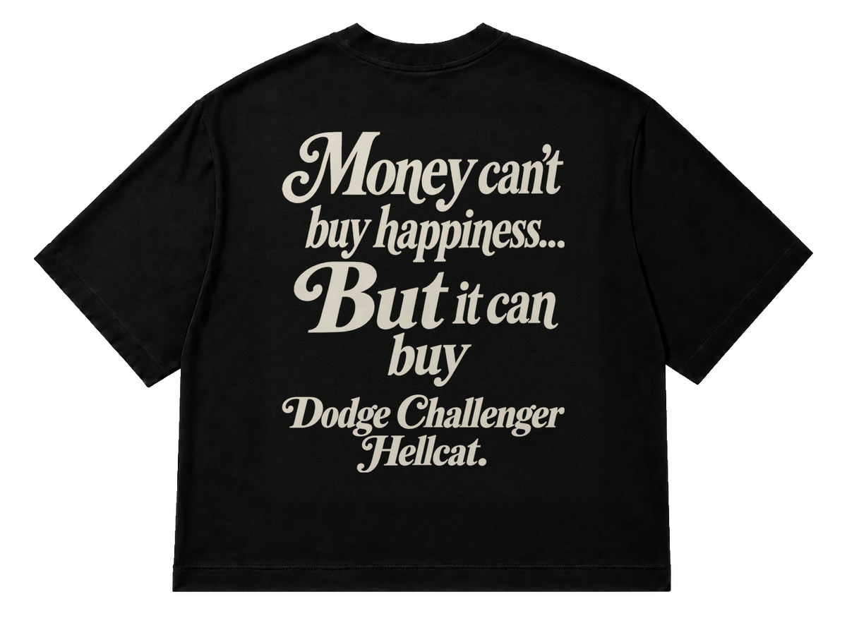 Koszulka oversize Dodge Challenger Hellcat – Money Can't Buy Happiness – czarna koszulka, mockup