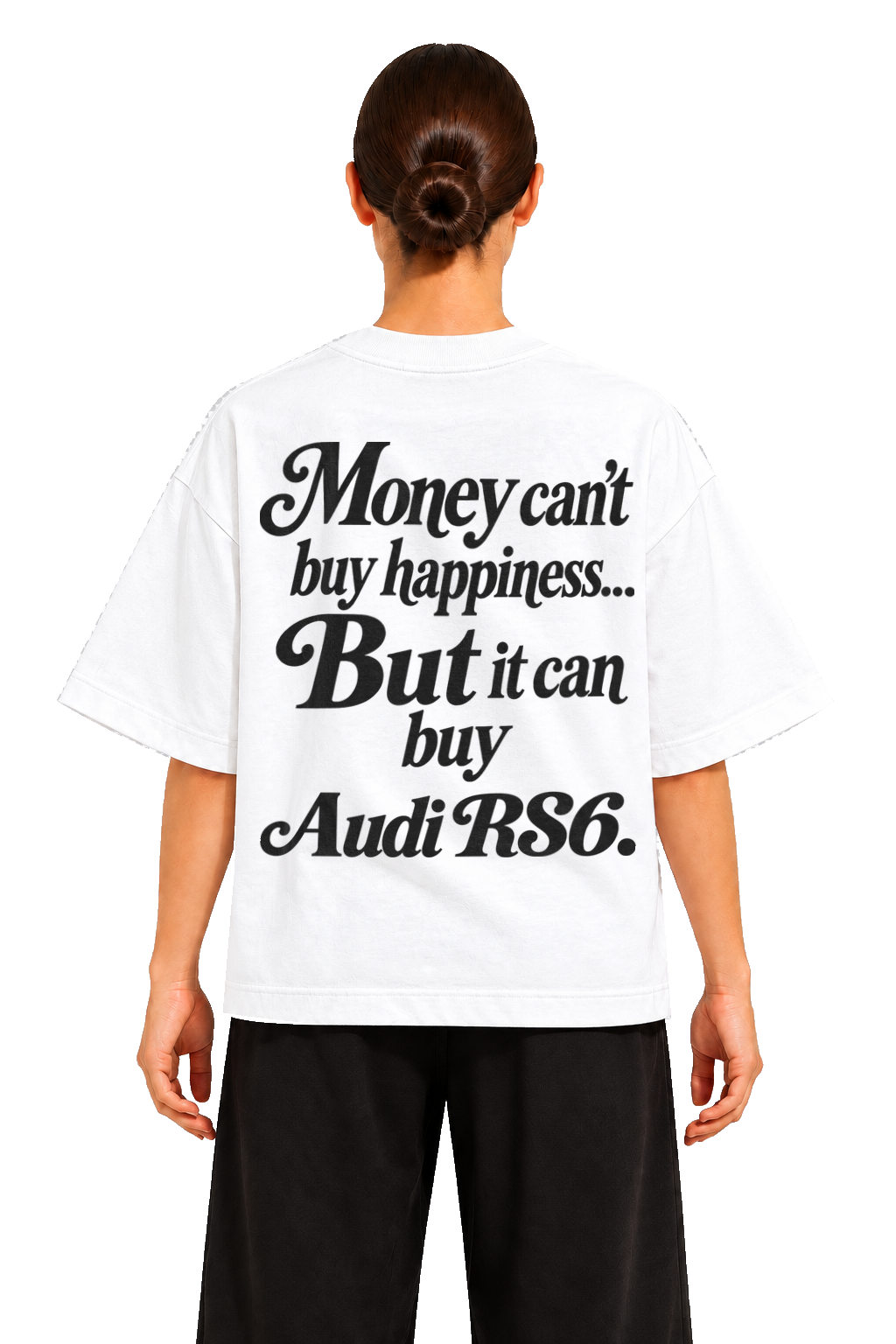Koszulka oversize Audi RS6 – Money Can't Buy Happiness – biała koszulka, model
