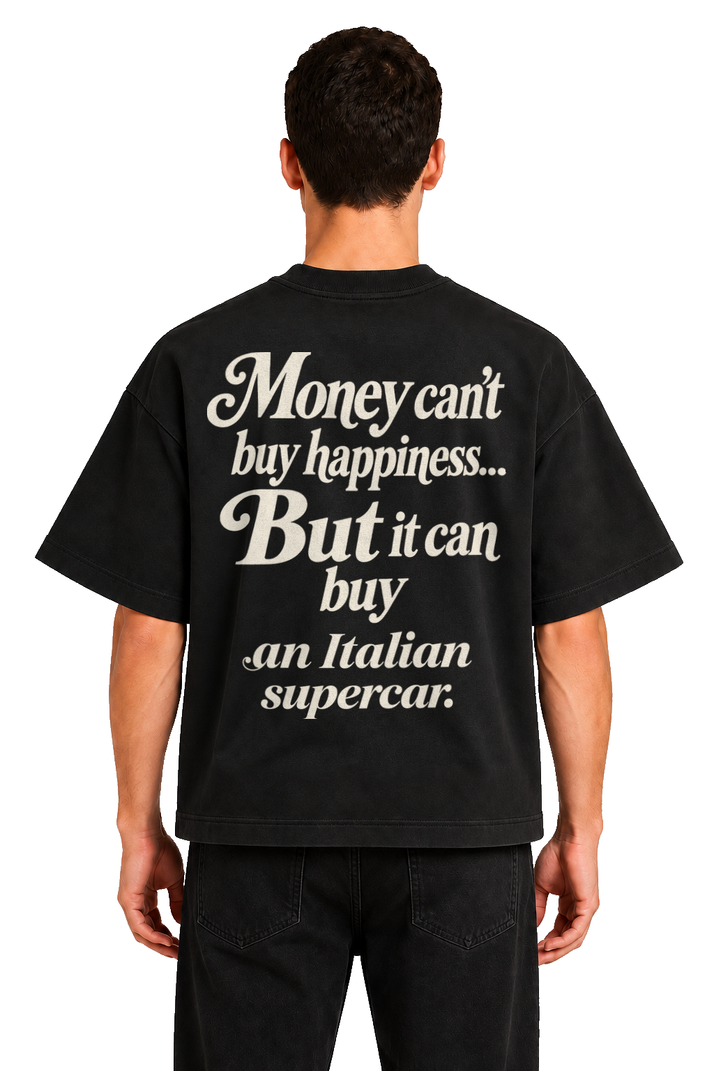 Koszulka oversize Italian Supercar – Money Can't Buy Happiness – czarna koszulka, model