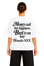 Koszulka oversize Honda NSX – Money Can't Buy Happiness – biała koszulka, model