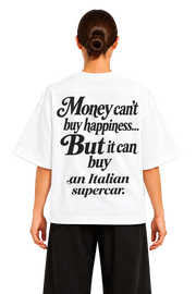 Koszulka oversize Italian Supercar – Money Can't Buy Happiness – biała koszulka, model