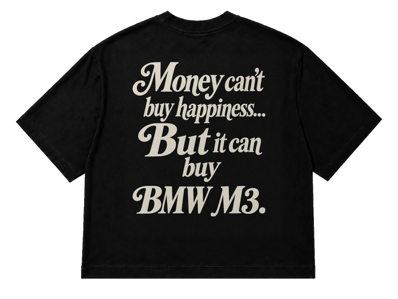 Koszulka oversize BMW M3 – Money Can't Buy Happiness – czarna koszulka, mockup