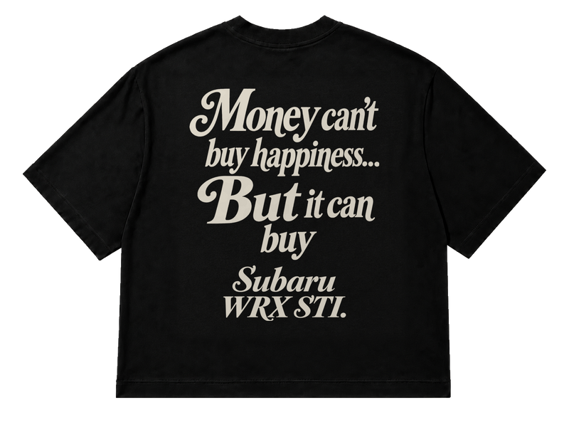 Koszulka oversize Subaru WRX STI – Money Can't Buy Happiness – czarna koszulka, mockup