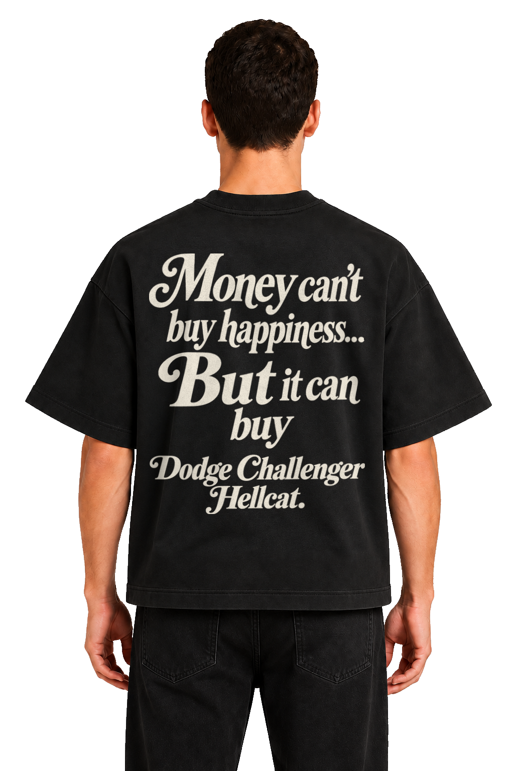 Koszulka oversize Dodge Challenger Hellcat – Money Can't Buy Happiness – czarna koszulka, model