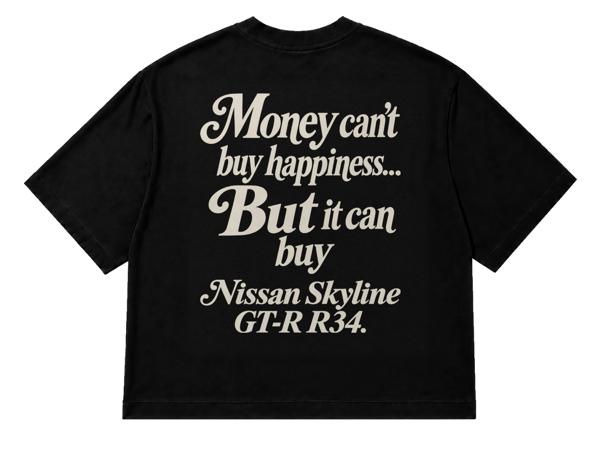 Koszulka oversize Nissan Skyline GT-R R34 – Money Can't Buy Happiness – czarna koszulka, mockup