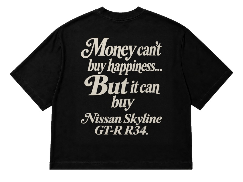 Koszulka oversize Nissan Skyline GT-R R34 – Money Can't Buy Happiness – czarna koszulka, mockup