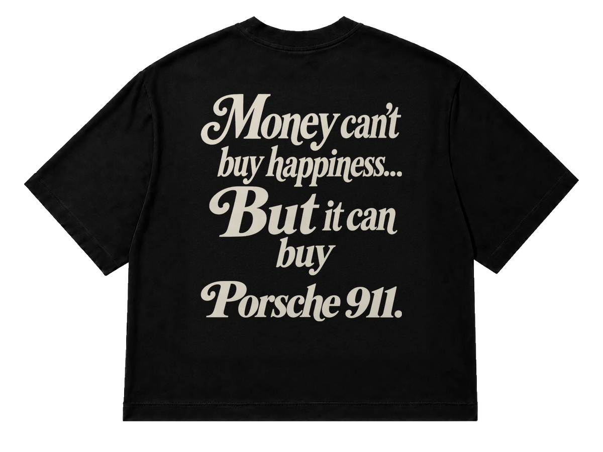 Koszulka oversize Porsche 911 – Money Can't Buy Happiness – czarna koszulka, mockup