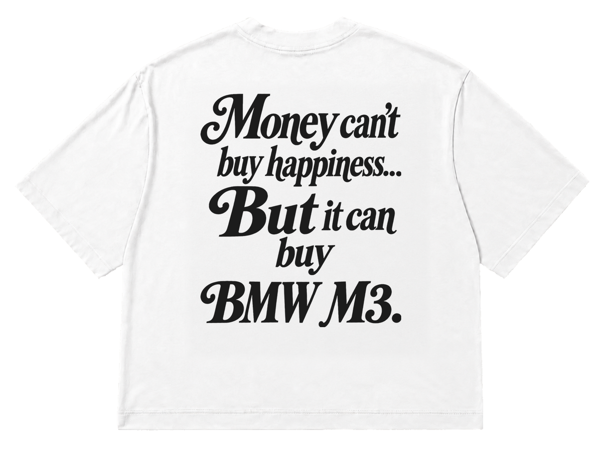 Koszulka oversize BMW M3 – Money Can't Buy Happiness – biała koszulka, mockup