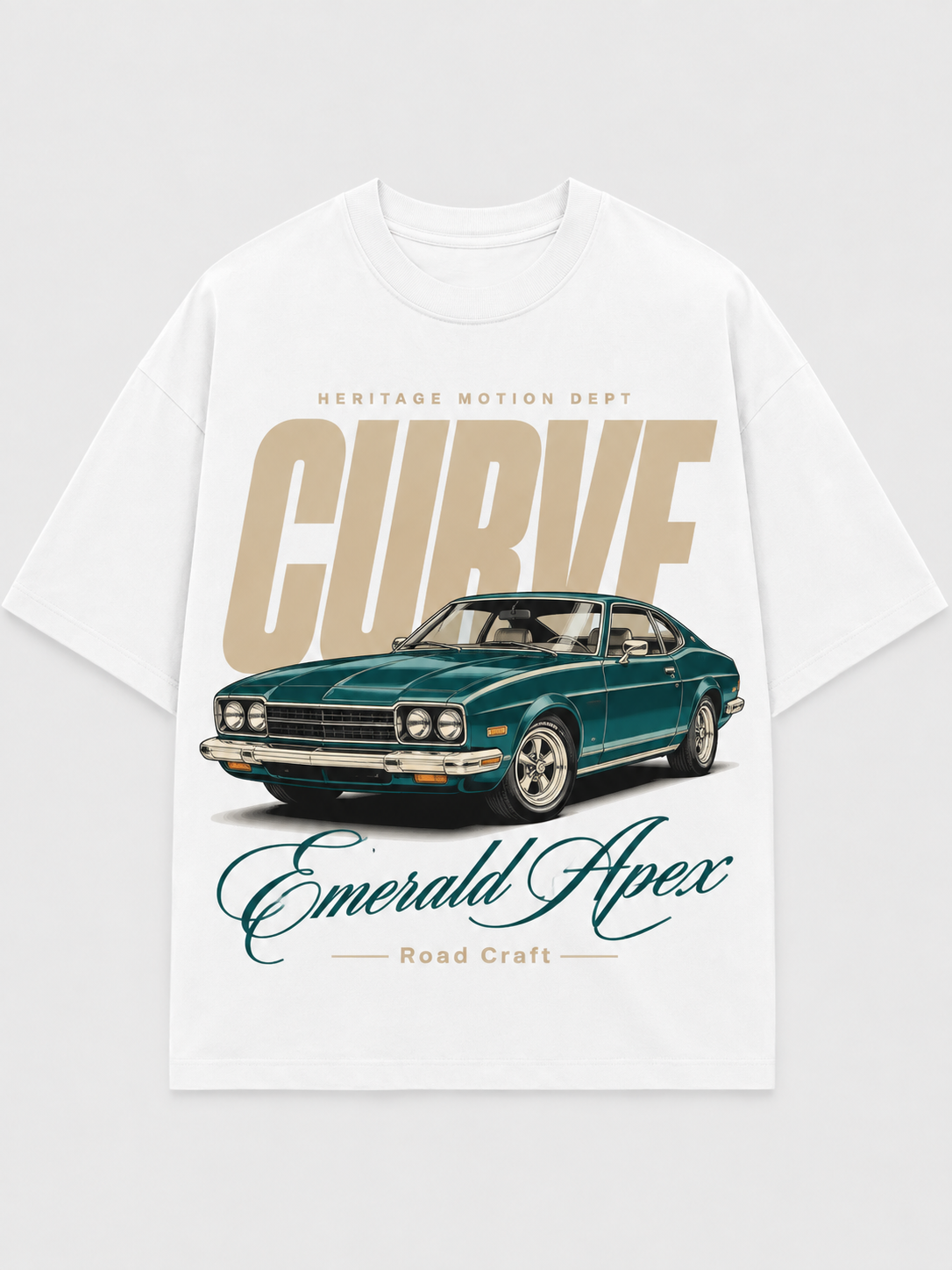 White T-shirt automotive graphic: Emerald Apex — Curve