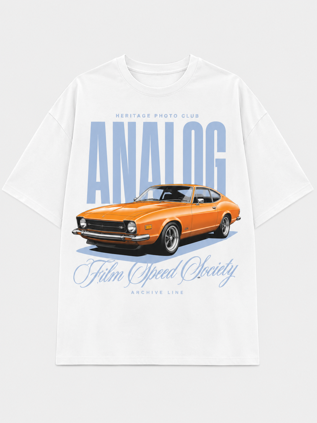 White T-shirt automotive graphic: Film Speed Society — Analog