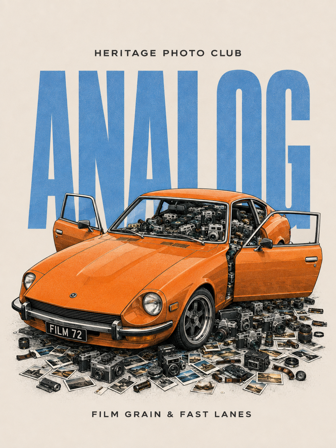 Vintage automotive poster: Heritage Photo Club — Analog Cameras
