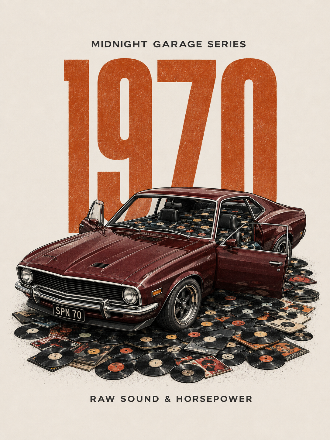 Vintage automotive poster: Midnight Garage 1970 — Vinyl