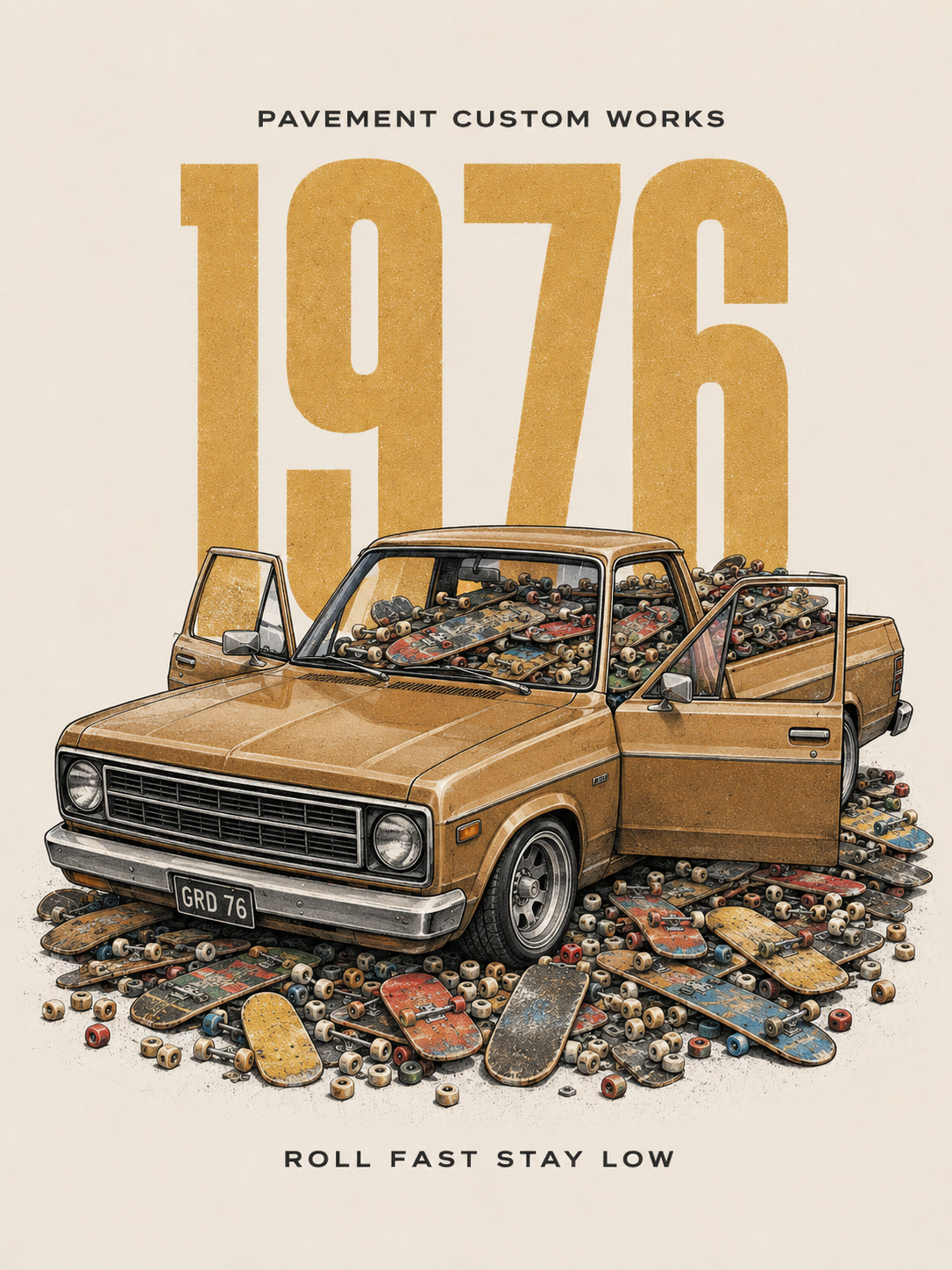 Vintage automotive poster: Pavement Custom 1976 — Skateboards