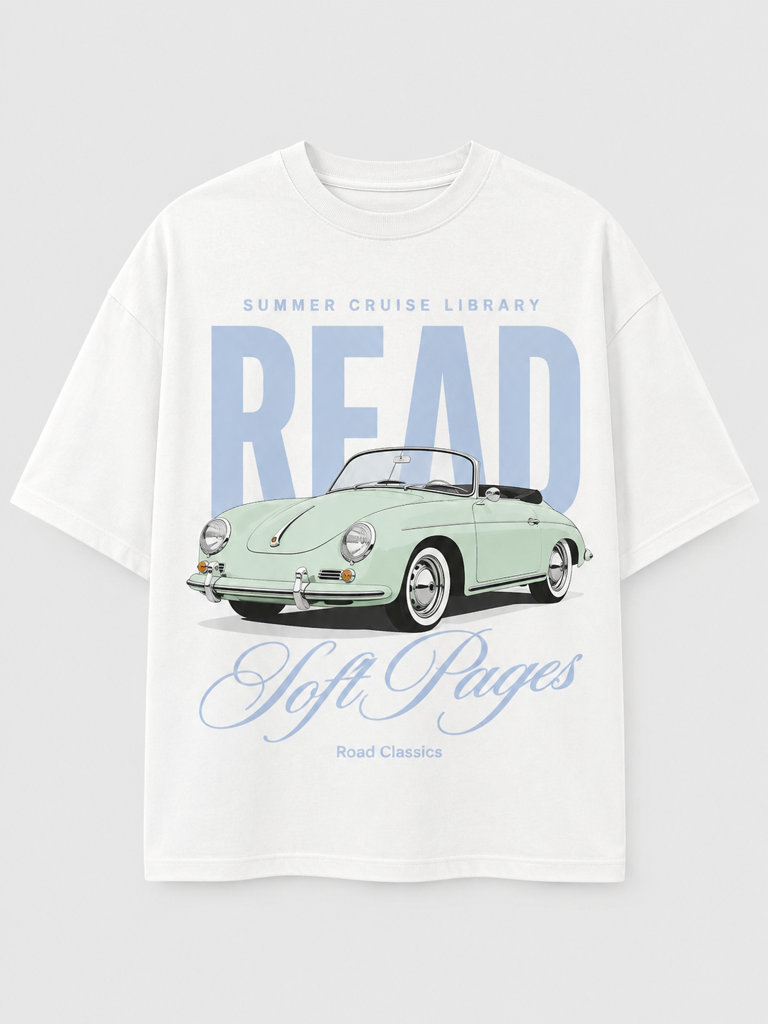 White T-shirt automotive graphic: Soft Pages — Read