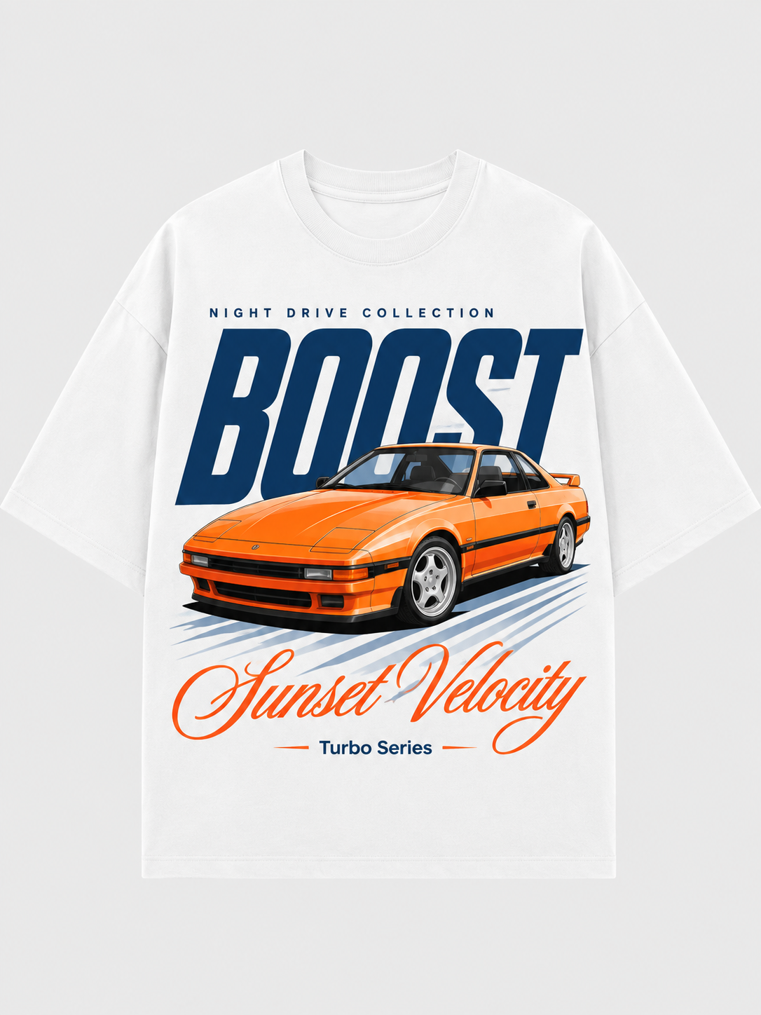 White T-shirt automotive graphic: Sunset Velocity — Boost